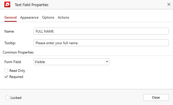 MobiPDF: form properties - general tab